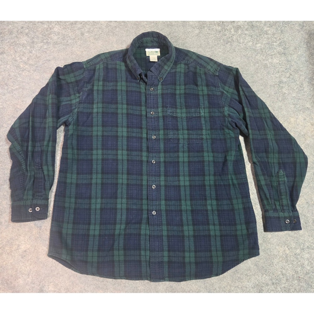 LL Bean Mens Flannel Shirt Large Regular Black Watch Plaid Cotton 228061 Green